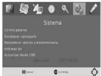 Sistema Control paterno Establecer contraseña Restablecer valores predeterminados Información Actualizar desde USB OKLENDAR JEWELL SALIN Valiver Confirmar