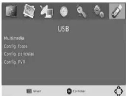 USB Multimedia Config. fotos Config. películas Config. PVR