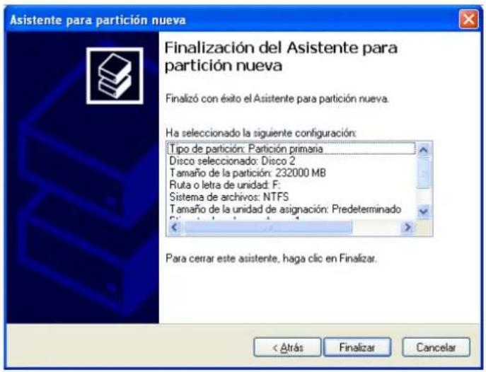 Asistente para partición nueva Finalización del Asistente para partición nueva Finalizó con éxito el Asistente para partición nueva. Ha seleccionado la siguiente configuración: Tipo de partición: Partición primana Disco seleccionado: Disco 2 Tamaño de la partición: 232000 MB Ruta o letra de unidad: F: Sistema de archivos: NTFS Tamaño de la unidad de asignación: Predeterminado Para cerrar este asistente, haga clic en Finalizar. < Atrás Finalizar Cancelar