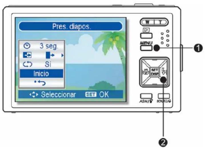 Pres. diapos. 3 seg. Sí Inicio Selecciónar SET OK MENU SET DISP ASM/SP SONFU/SP