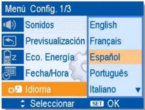 Menú Config. 1/3 Sonidos English Previsualización Français Eco. Energía Español Fecha/Hora Português Idioma Italiano Seleccionar SET OK