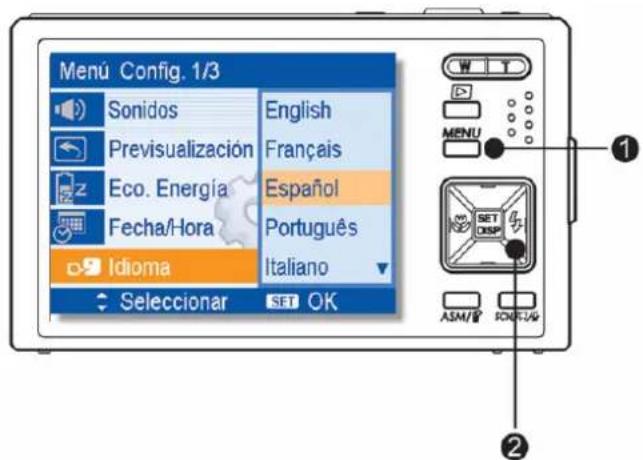 Menu Config. 1/3 Sonidos English Previsualización Français Eco. Energía Español Fecha/Hora Português Idioma Italiano Seleccionar SET OK MENU SET DESP ASM/SEM