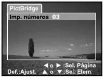 PictBridge Imágenes Menú sig. Fecha Desactiv. Tamaño papel Predeterm. Diseño Predeterm. Imprimir Def.:Ajust. ▲ o ▼:Sel. Elem.