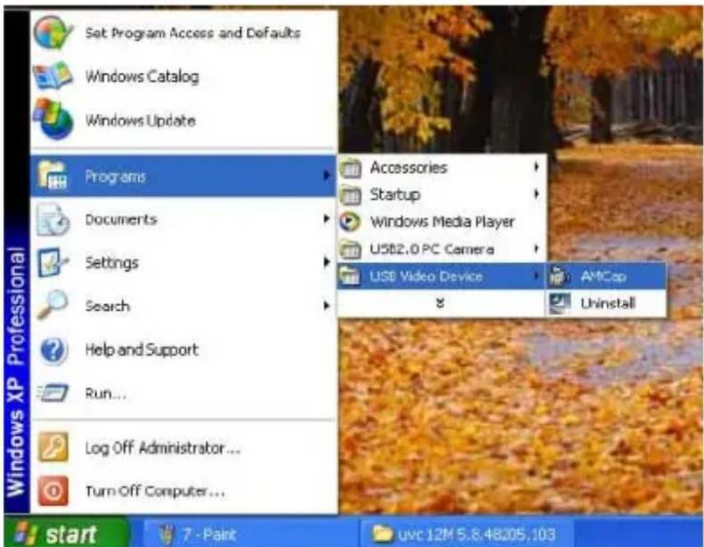 Set Program Access and Defaults Windows Catalog Windows Update Programs Documents Settings Search Help and Support Run... Log Off Administrator... Turn Off Computer... Accessories Startup Windows Media Player USB2.0 PC Camera USB Video Device AMCap Uninstall start 7 -Paint uvc 12M 5.8.48205.103 Windows XP Professional