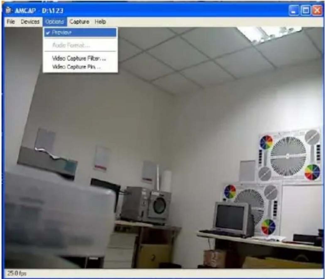 AMCAP D:\123 File Devices Options Capture Help Preview Audio Format... Video Capture Filter ... Video Capture Pins ... 25.0 fps
