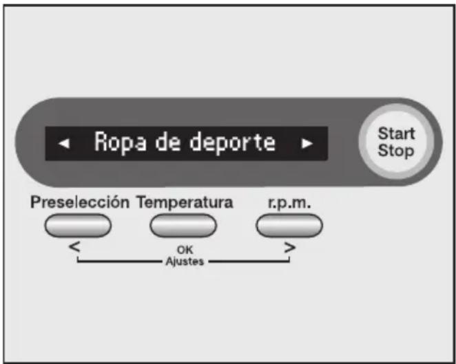 Ropa de deporte Start Stop Preselección Temperatura r.p.m. OK Ajustes >