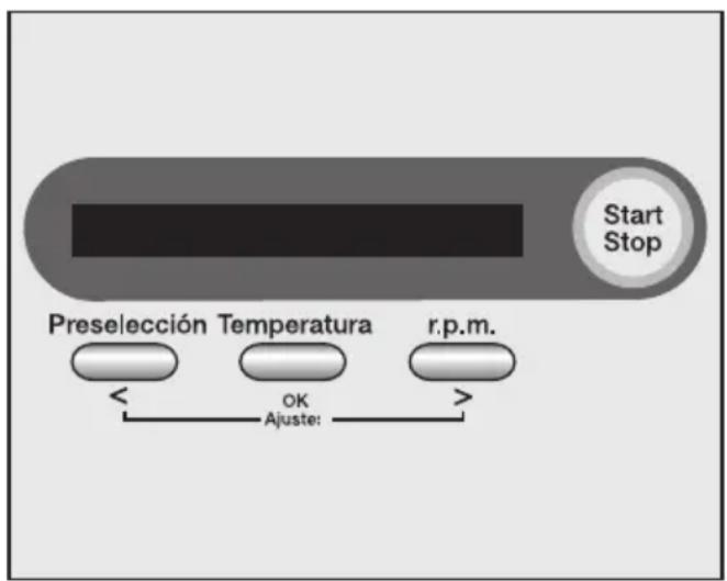 Start Stop Preselección Temperatura r.p.m. < OK > Ajuste: