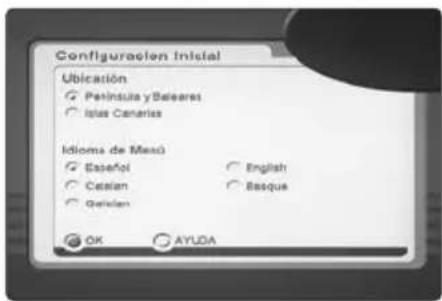 Configuracien Inicial Ubicación Península y Belearas Islas Canarias Idioma de Menú Easefol English Cestán Basque Gelician OK AYUDA