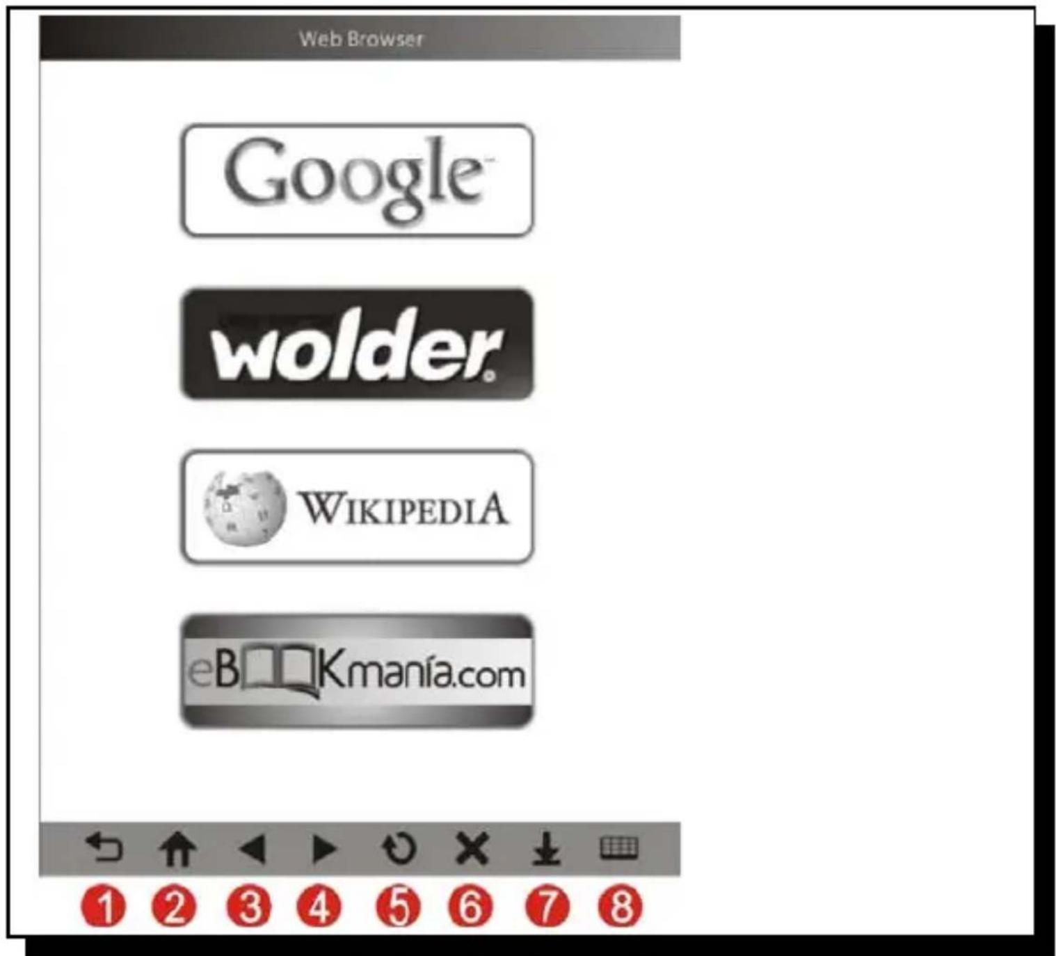 Web Browser Google™ wolder® WIKIPEDIA eB□□Kmanía.com 1 2 3 4 5 6 7 8
