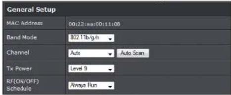 General Setup MAC Address 00:22:aaa:50:11:08 Band Mode 802.11b/g/n Channel Auto Auto Scan Tx Power Level 9 RF(ON/OFF) Schedule Always Run