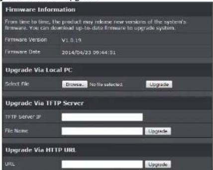 Firmware Information From time to time, the product may release new versions of the system's firmware. You can download up-to-date firmware to upgrade system. Firmware Version V1.0.19 Firmware Date 2014/04/23 06:44:51 Upgrade Via Local PC Select File Disease No file selected Upgrade Upgrade Via TFTP…