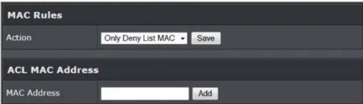 MAC Rules Action Only Deny List MAC · Save ACL MAC Address MAC Address Add