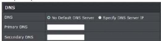 DNS DNS ○ No Default DNS Server ● Specify DNS Server IP Primary DNS Secondary DNS