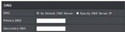 DNS DNS ○ No Default DNS Server ● Specify DNS Server IP Primary DNS Secondary DNS