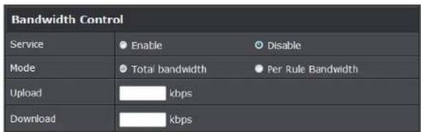 Bandwidth Control Service Enable Disable Mode Total bandwidth Per Rule Bandwidth Upload kbps Download kbps
