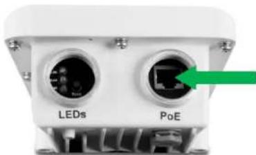 Close-up of a white electronic device with two labeled ports: LEDs and PoE, showing internal components and a green arrow pointing to the PoE port (no text beyond labels)