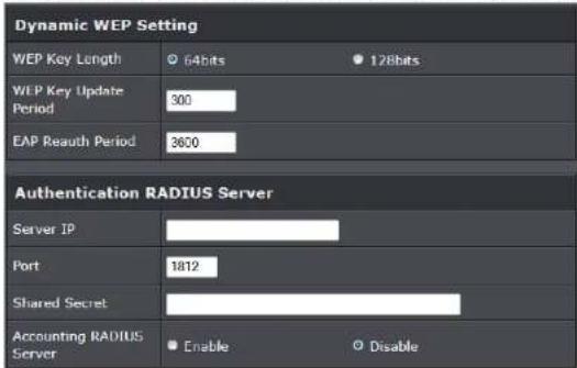 Dynamic WEP Setting WEP Key Length 64bits 128bits WEP Key Update Period 300 EAP Reauth Period 3600 Authentication RADIUS Server Server IP Port 1812 Shared Secret Accounting RADIUS Server Enable Disable