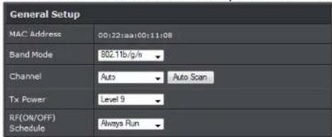 General Setup MAC Address 00:12:aaa:00:11:08 Band Mode 802.1lb/g/n Channel Auto Auto Scan Tx Power Level 9 RF(ON/OFF) Schedule Always Run