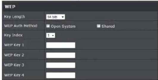 WEP Key Length 64 bits WEP Auth Method Open System Shared Key Index 1 WEP Key 1 WEP Key 2 WEP Key 3 WEP Key 4