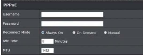 PPPoE Username Password Reconnect Mode ○ Always On ● On Demand ● Manual Idle Time 0 Minutes MTU 1492