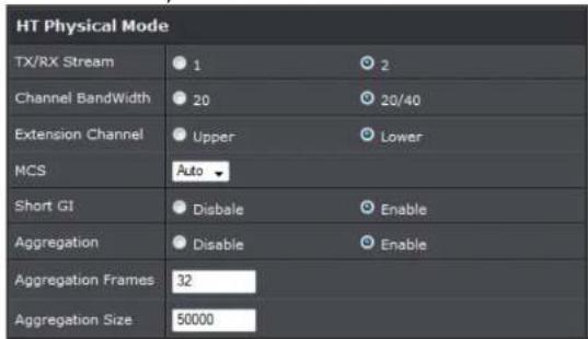 HT Physical Mode TX/RX Stream 1 2 Channel BandWidth 20 20/40 Extension Channel Upper Lower MCS Auto Short GI Disbale Enable Aggregation Disable Enable Aggregation Frames 32 Aggregation Size 50000