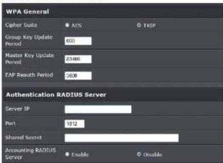 WPA General Cipher Suite AES TKIP Group Key Update Period 600 Master Key Update Period 83400 EAP Reauth Period 3600 Authentication RADIUS Server Server IP Port 1812 Shared Secret Accounting RADIUS Server Enable Disable