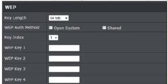 WEP Key Length 64 bits WEP Auth Method Open System Shared Key Index 1 WEP Key 1 WEP Key 2 WEP Key 3 WEP Key 4