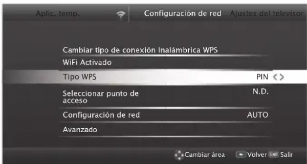 Aplic. temp. Configuración de red Ajustes del telesvor Cambiar tipo de conexión Inalámbrica WPS WiFi Activado Tipo WPS PIN Seleccionar punto de acceso N.D. Configuración de red AUTO Avanzado Cambiar área Volver Salir