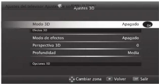 Ajustes del televisor Ajustes de som Ajustes 3D Modo 3D Apagado OK Efectos 3D Modo de efectos Apagado Perspectiva 3D 0 Profundidad Media Opciones 3D Cambiar zona Volver Salir