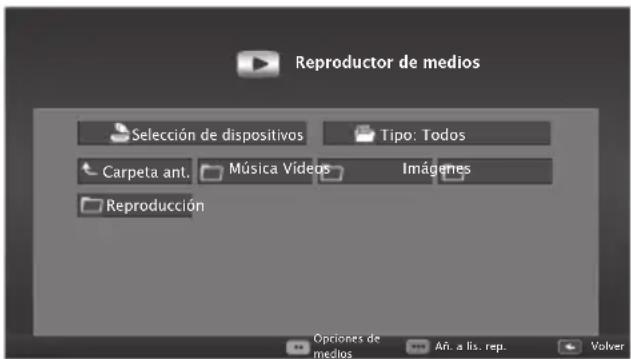 Reproductor de medios Selección de dispositivos Tipo: Todos Carpeta ant. Música Vídeos Imágenes Reproducción Opciones de medios Añ. a lis. rep. Volver