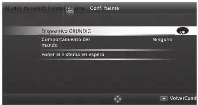 Ajustes de sonido Control paterno Conf. fuente Dispositivo GRUNDIG Comportamiento del mando Ninguno Poner el sistema en espera VolverCamb