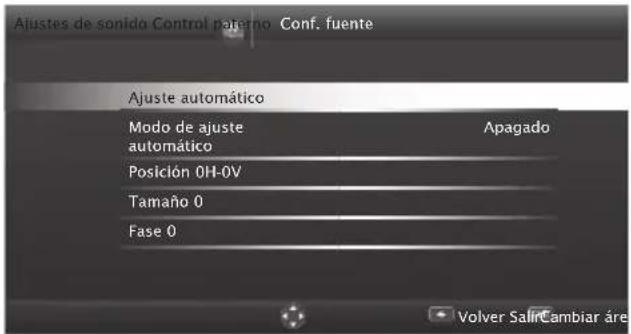 Ajustes de sonido Control parnero Conf. fuente Ajuste automático Modo de ajuste automático Apagado Posición 0H-0V Tamaño 0 Fase 0 Volver Salir Cambiar áre