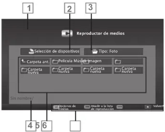 1 2 3 Reproductor de medios Selección de dispositivos Tipo: Foto Carpeta ant. Pelicula Música Imagen Carpeta nueva Carpeta nueva Carpeta nueva Carpeta nueva Sin nombre/ 4 5 6 Declones de medios Anadir a la lista de reproducción VolverA