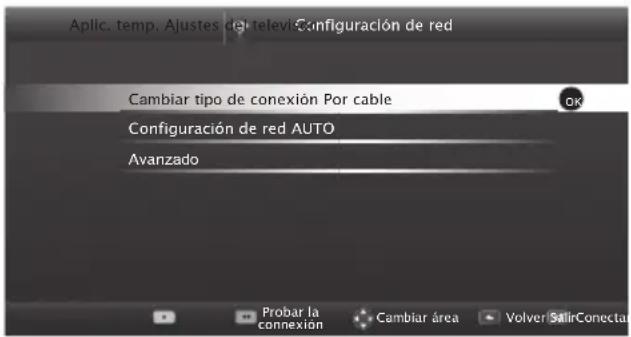 Aplic. temp. Ajustes de televi: Configuración de red Cambiar tipo de conexión Por cable Configuración de red AUTO Avanzado Probar la connexión Cambiar área Volver SalirConectar
