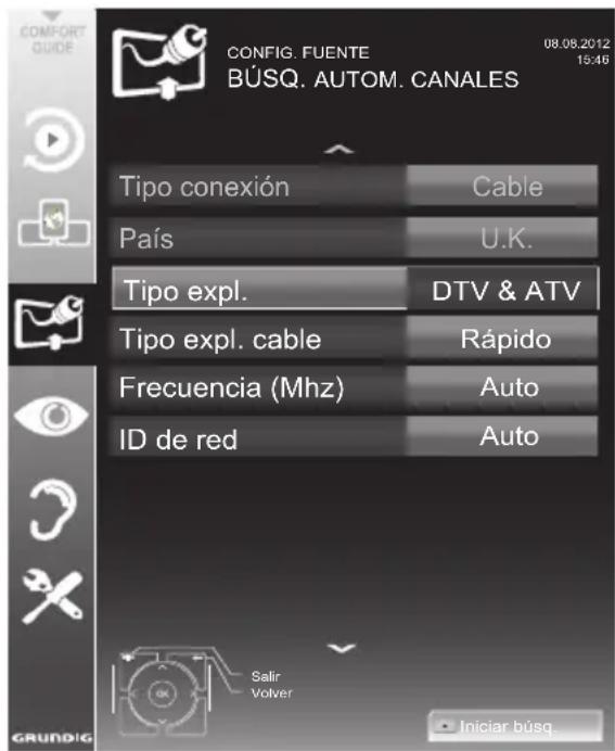 CONFIG. FUENTE BÚSQ. AUTOM. CANALES 08.08.2012 15:46 Tipo conexión Cable País U.K. Tipo expl. DTV & ATV Tipo expl. cable Rápido Frecuencia (Mhz) Auto ID de red Auto