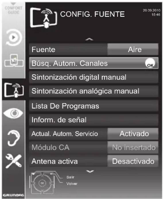 CONFIG. FUENTE 20.09.2010 15:46 Fuente Aire Búsq. Autom. Canales OK Sintonización digital manual Sintonización analógica manual Lista De Programas Inform. de señal Actual. Autom. Servicio Activado Módulo CA No insertado Antena activa Desactivado Sair Volver GRUNDIG