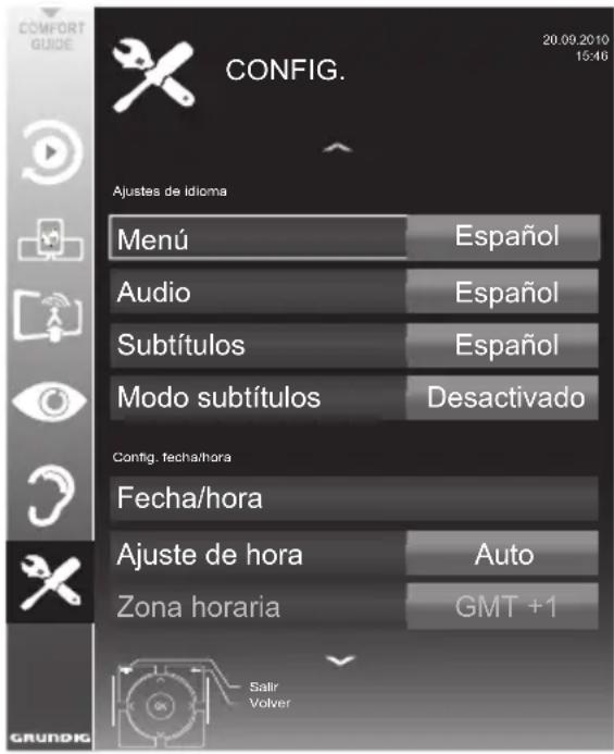 COMFORT GUIDE CONFIG. 20.09.2010 15:46 Ajustes de Idioma Menú Español Audio Español Subtítulos Español Modo subtítulos Desactivado Config. fecha/hora Fecha/hora Ajuste de hora Auto Zona horaria GMT +1 Salir Volver GRUNDIG