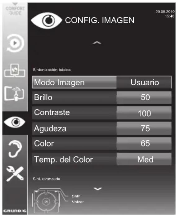 CONFIG. IMAGEN 20.09.2010 15:46 Sintonización básica Modo Imagen Usuario Brillo 50 Contraste 100 Agudeza 75 Color 65 Temp. del Color Med Sint. avanzada Salir Volver GRUNDIG
