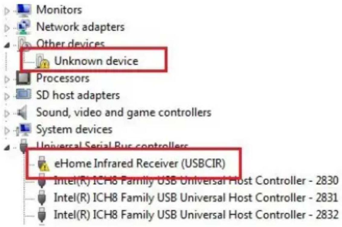 Monitors Network adapters Other devices Unknown device Processors SD host adapters Sound, video and game controllers System devices Universal Serial Bus controllers eHome Infrared Receiver (USBCIR) Intel(R) ICH8 Family USB Universal Host Controller - 2830 Intel(R) ICH8 Family USB Universal Host Cont…