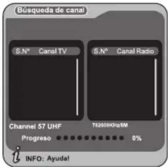 Búsqueda de canal S.N° Canal TV S.N° Canal Radio Channel 57 UHF 762010KHzEM Progreso 0% INFO: Ayuda!