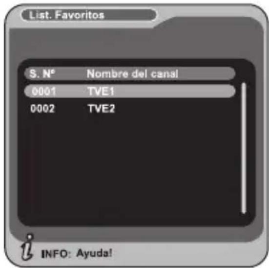 List. Favoritos S. N° Nombre del canal 0001 TVE1 0002 TVE2 INFO: Ayuda!