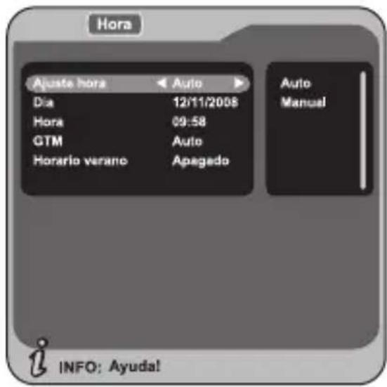 Hora Ajuste hora Auto Dia 12/11/2008 Hora 09:58 GTM Auto Horario verano Apegado Auto Manual INFO: Ayuda!