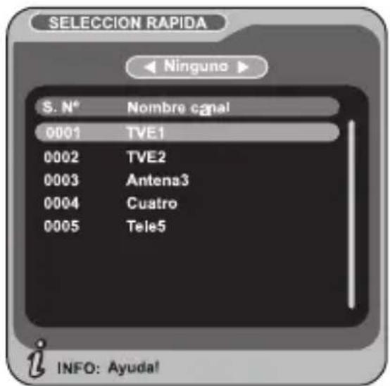 SELECCION RAPIDA S. N° Nombre canal 0001 TVE1 0002 TVE2 0003 Antena3 0004 Cuatro 0005 Tele5 INFO: Ayuda!