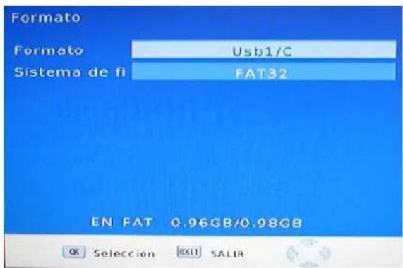 Formato Formato Usb1/C Sistema de fi FAT32 EN FAT 0.96GB/0.98GB OK Selección EXIT SALIR