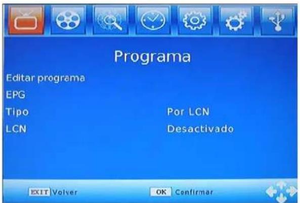Programa Editar programa EPG Tipo Por LCN LCN Desactivado EXIT Volver OK Confirmar