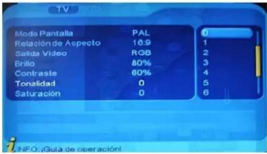 Mode Pantalla PAL Relación de Aspecto 18:9 Salida Video RGB Brillo 80% Contraste 60% Tonalidad 0 Saturación 0 0 1 2 3 4 5 6 NFO: ¡Guía de operación!