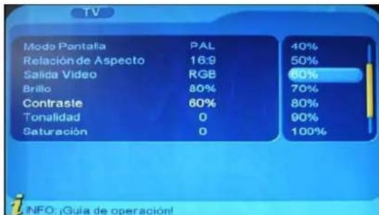 TV Modo Pantalla PAL 40% Relación de Aspecto 16:9 50% Salida Video RGB 60% Brillo 80% 70% Contraste 60% 80% Tonalidad 0 90% Saturación 0 100% INFO: ¡Guía de operación!