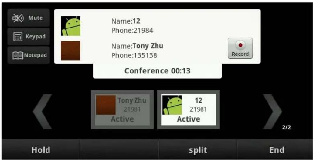 Mute Keypad Notepad Name:12 Phone:21984 Name:Tony Zhu Phone:135138 Record Conference 00:13 Tony Zhu 21981 Active 12 21981 Active Hold split End