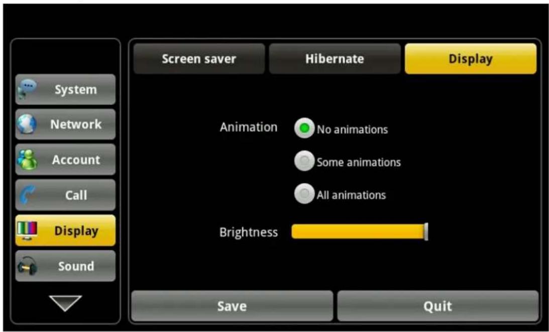 Screen saver Hibernate Display System Network Account Call Display Sound Animation No animations Some animations All animations Brightness Save Quit