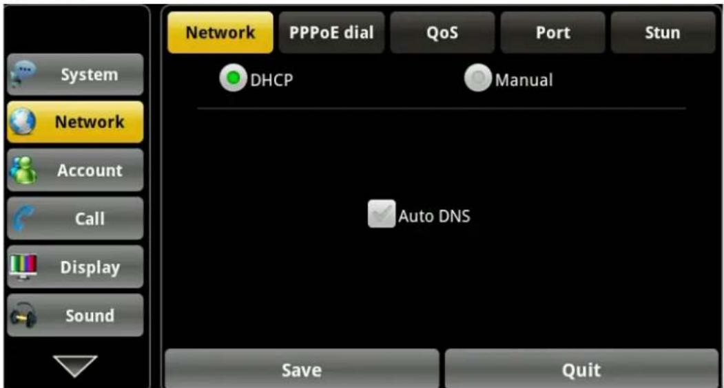 Network PPPoE dial QoS Port Stun DHCP Manual Auto DNS Save Quit